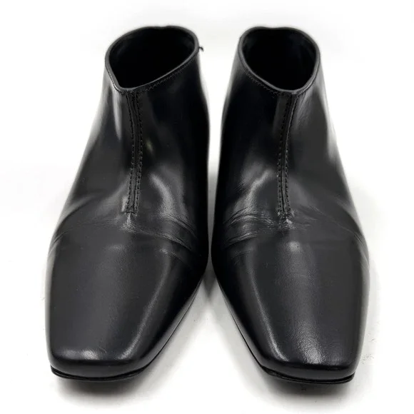 Toteme Wide Shaft Boots Black Leather Square Toe Kitten Heel Ankle Sz 37 / 7